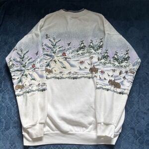 Vintage Nature Sweatshirt Womens Large White Pullover Wrap Around Print Grandma